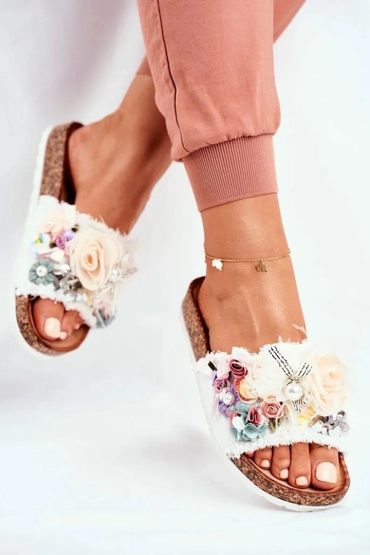 Damskie Boto Klapki Damskie Z Kwiatami Białe Enrissa