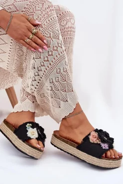 Damskie Boto Klapki Damskie Z Kwiatami Platforma Z Plecionką Czarne Zenvanis