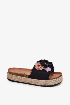 Damskie Boto Klapki Damskie Z Kwiatami Platforma Z Plecionką Czarne Zenvanis