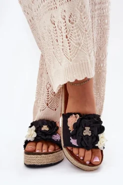 Damskie Boto Klapki Damskie Z Kwiatami Platforma Z Plecionką Czarne Zenvanis