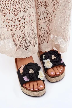 Damskie Boto Klapki Damskie Z Kwiatami Platforma Z Plecionką Czarne Zenvanis