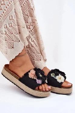 Damskie Boto Klapki Damskie Z Kwiatami Platforma Z Plecionką Czarne Zenvanis