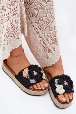 Damskie Boto Klapki Damskie Z Kwiatami Platforma Z Plecionką Czarne Zenvanis