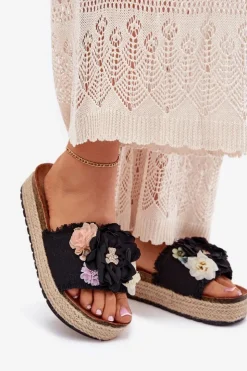 Damskie Boto Klapki Damskie Z Kwiatami Platforma Z Plecionką Czarne Zenvanis