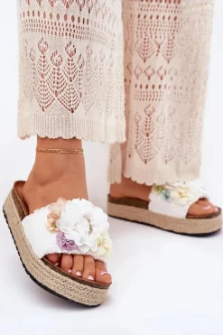 Best Boto Klapki Damskie Z Kwiatami Platforma Z Plecionką Białe Zenvanis Biały