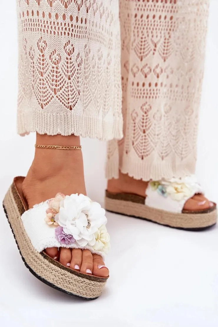 Best Boto Klapki Damskie Z Kwiatami Platforma Z Plecionką Białe Zenvanis Biały