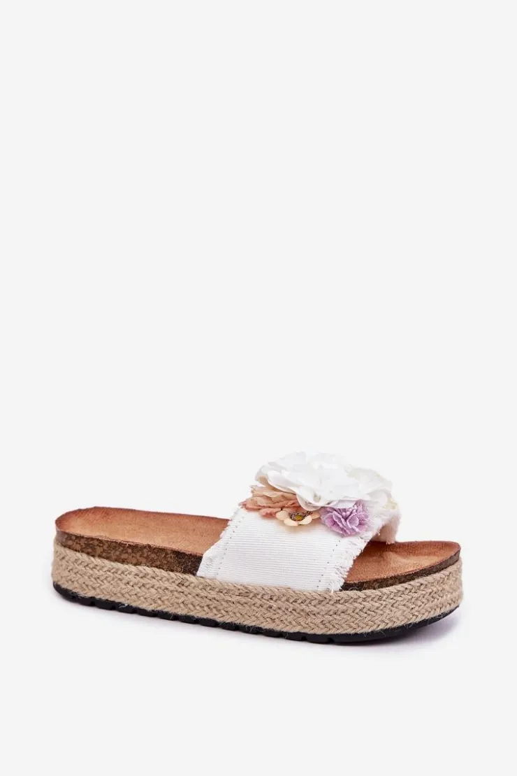 Best Boto Klapki Damskie Z Kwiatami Platforma Z Plecionką Białe Zenvanis Biały