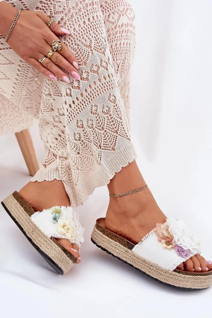 Best Boto Klapki Damskie Z Kwiatami Platforma Z Plecionką Białe Zenvanis Biały