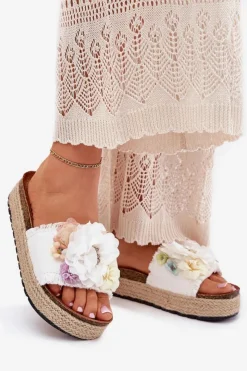 Best Boto Klapki Damskie Z Kwiatami Platforma Z Plecionką Białe Zenvanis Biały