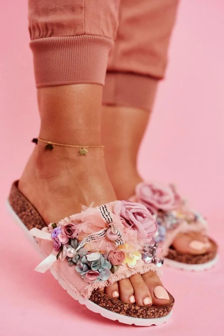 Best Boto Klapki Damskie Z Kwiatami Różowe Enrissa