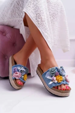 Boto Klapki Damskie Klasyczne*Klapki Damskie Z Kwiatami Gruba Podeszwa Niebieskie Amadeo