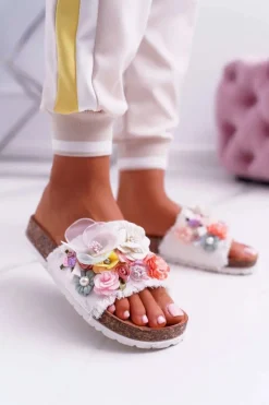 Damskie Boto Klapki Damskie Z Kwiatami Białe Enrissa