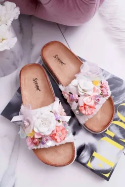 Damskie Boto Klapki Damskie Z Kwiatami Białe Enrissa