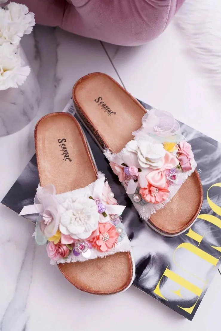 Damskie Boto Klapki Damskie Z Kwiatami Białe Enrissa