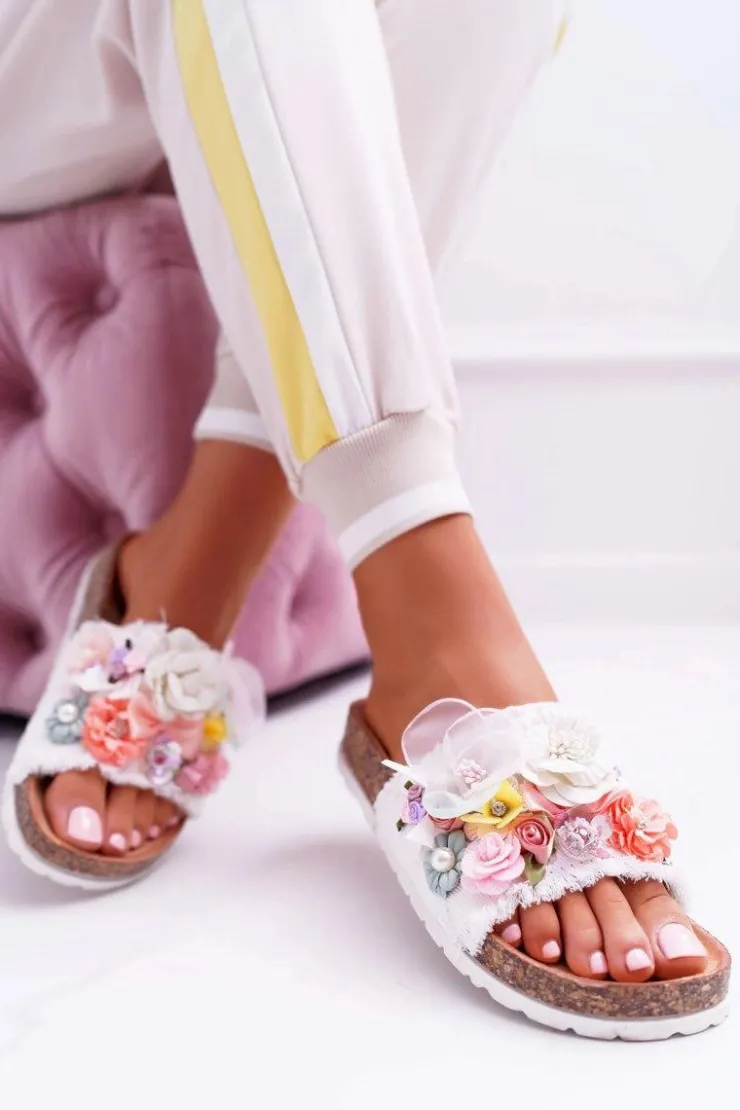 Damskie Boto Klapki Damskie Z Kwiatami Białe Enrissa