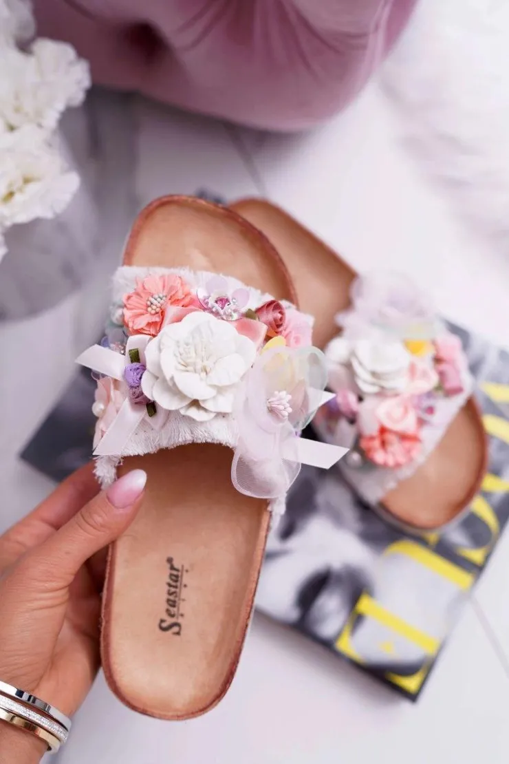 Damskie Boto Klapki Damskie Z Kwiatami Białe Enrissa