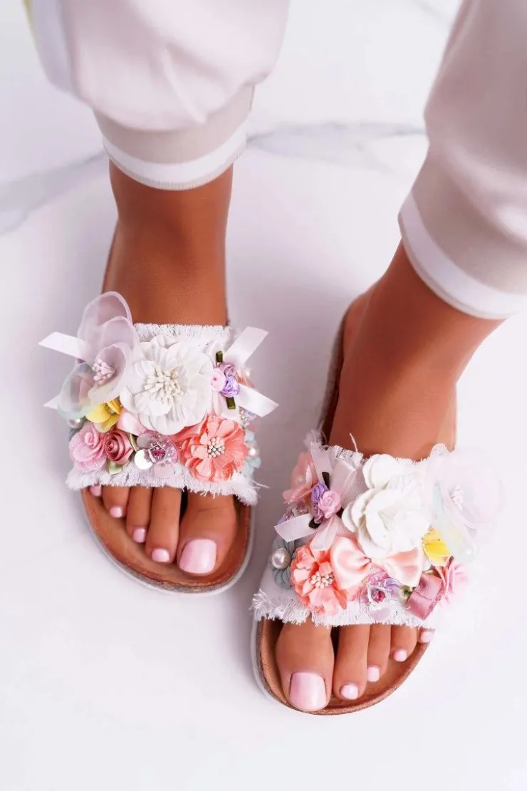 Damskie Boto Klapki Damskie Z Kwiatami Białe Enrissa