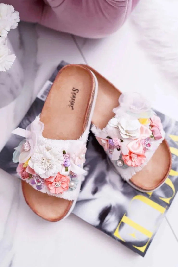 Damskie Boto Klapki Damskie Z Kwiatami Białe Enrissa