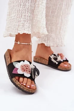 Damskie Boto Klapki Damskie Z Kwiatkami Na Korkowej Platformie Czarne Zinrosa