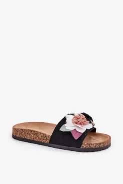 Damskie Boto Klapki Damskie Z Kwiatkami Na Korkowej Platformie Czarne Zinrosa