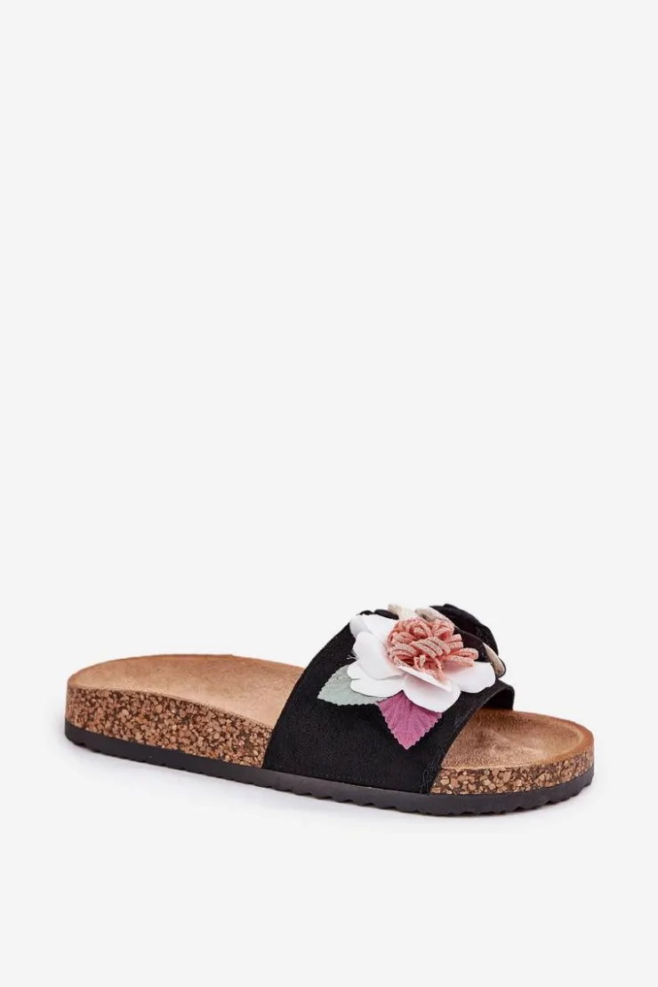 Damskie Boto Klapki Damskie Z Kwiatkami Na Korkowej Platformie Czarne Zinrosa