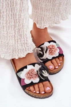 Damskie Boto Klapki Damskie Z Kwiatkami Na Korkowej Platformie Czarne Zinrosa