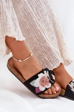 Damskie Boto Klapki Damskie Z Kwiatkami Na Korkowej Platformie Czarne Zinrosa