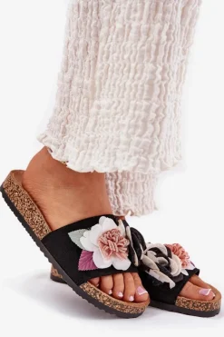 Damskie Boto Klapki Damskie Z Kwiatkami Na Korkowej Platformie Czarne Zinrosa