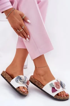 Boto Klapki Korkowe|Klapki Na Platformie*Klapki Damskie Z Kwiatkami Na Korkowej Platformie Białe Zinrosa Biały