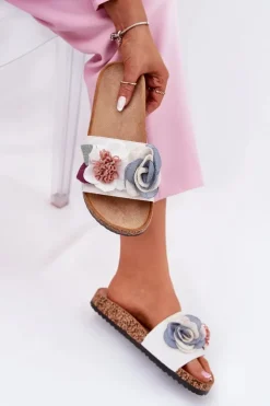 Boto Klapki Korkowe|Klapki Na Platformie*Klapki Damskie Z Kwiatkami Na Korkowej Platformie Białe Zinrosa Biały