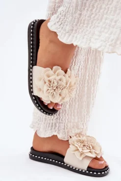 Hot Boto Klapki Damskie Z Materiałowymi Kwiatami Beżowe Elachase