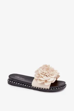 Hot Boto Klapki Damskie Z Materiałowymi Kwiatami Beżowe Elachase