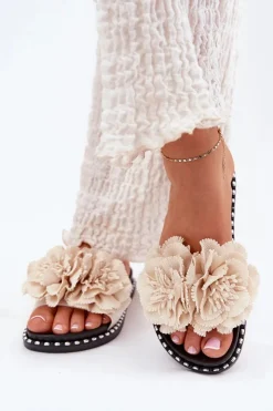 Hot Boto Klapki Damskie Z Materiałowymi Kwiatami Beżowe Elachase