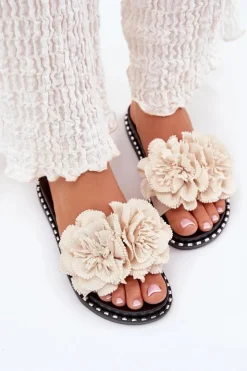 Hot Boto Klapki Damskie Z Materiałowymi Kwiatami Beżowe Elachase