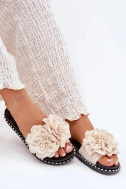 Hot Boto Klapki Damskie Z Materiałowymi Kwiatami Beżowe Elachase