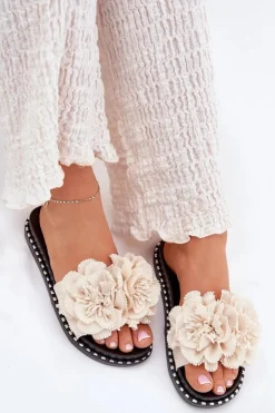 Hot Boto Klapki Damskie Z Materiałowymi Kwiatami Beżowe Elachase