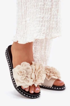 Hot Boto Klapki Damskie Z Materiałowymi Kwiatami Beżowe Elachase