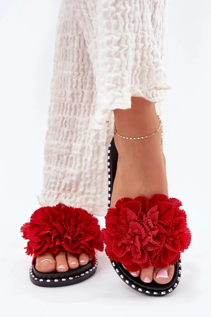 Online Boto Klapki Damskie Z Materiałowymi Kwiatami Czerwone Elachase