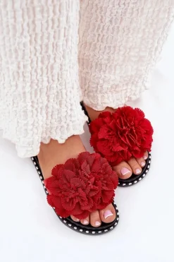 Online Boto Klapki Damskie Z Materiałowymi Kwiatami Czerwone Elachase