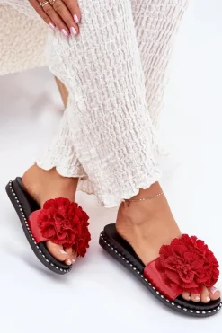 Online Boto Klapki Damskie Z Materiałowymi Kwiatami Czerwone Elachase