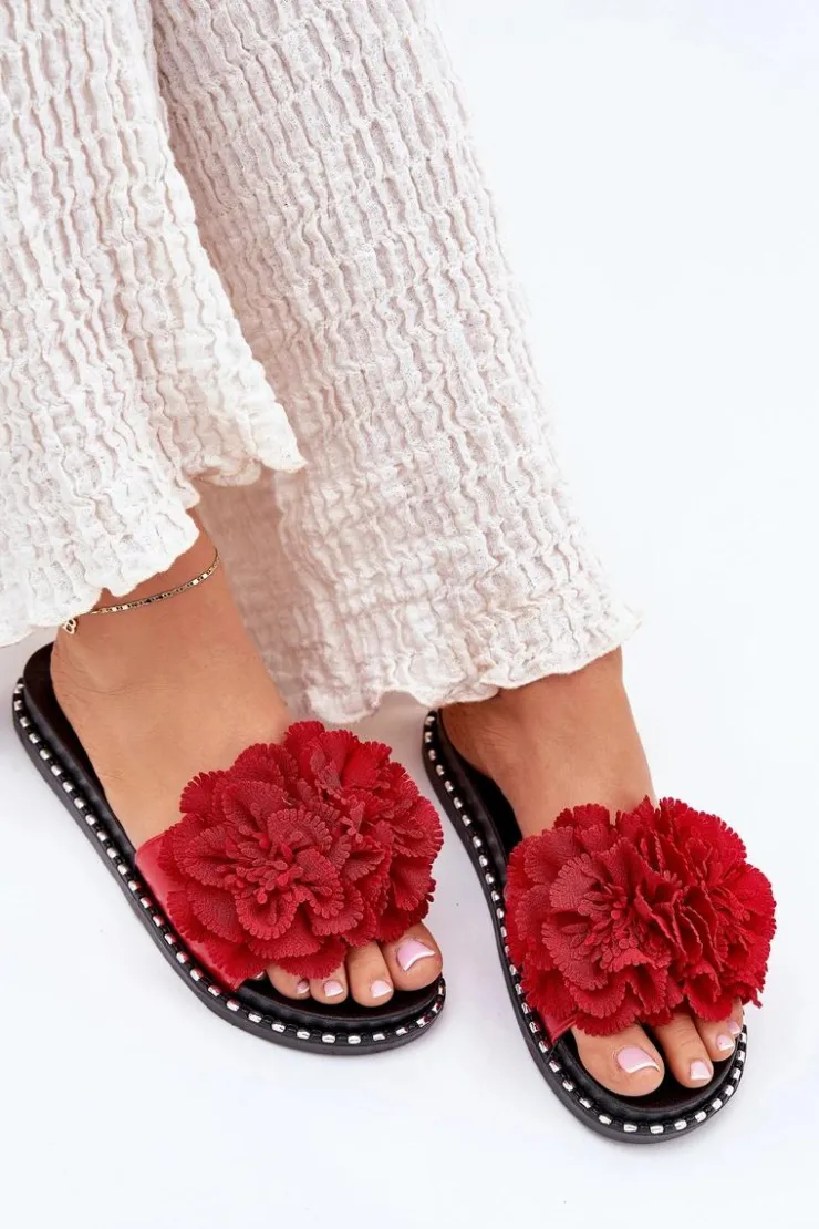 Online Boto Klapki Damskie Z Materiałowymi Kwiatami Czerwone Elachase
