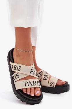 Damskie Boto Klapki Damskie Z Materiałowymi Paskami Paris Na Platformie Beżowe Celinea