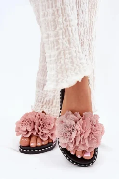 Damskie Boto Klapki Damskie Z Materiałowymi Kwiatami Różowe Elachase