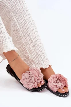 Damskie Boto Klapki Damskie Z Materiałowymi Kwiatami Różowe Elachase