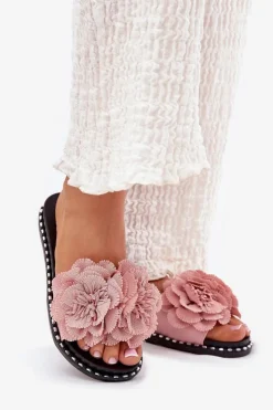 Damskie Boto Klapki Damskie Z Materiałowymi Kwiatami Różowe Elachase