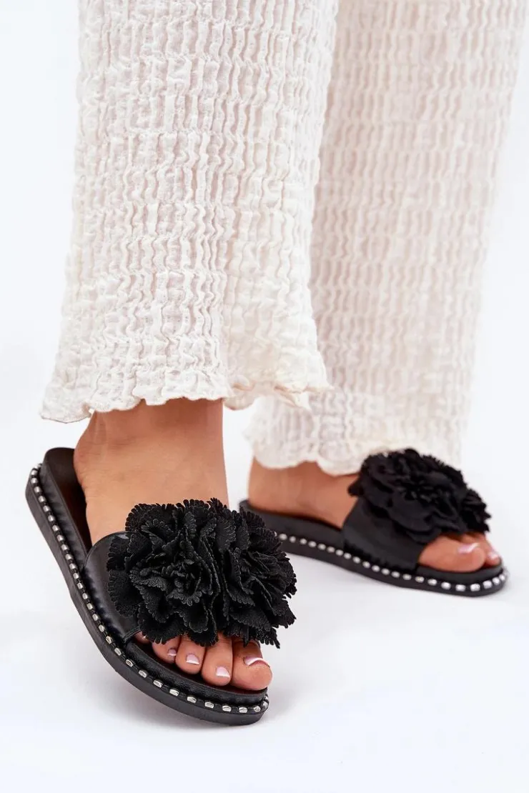 Damskie Boto Klapki Damskie Z Materiałowymi Kwiatami Czarne Elachase