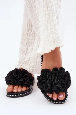 Damskie Boto Klapki Damskie Z Materiałowymi Kwiatami Czarne Elachase