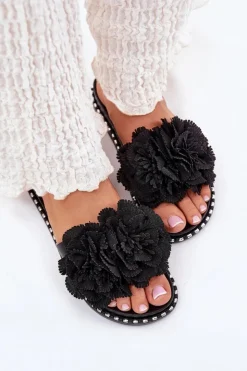 Damskie Boto Klapki Damskie Z Materiałowymi Kwiatami Czarne Elachase