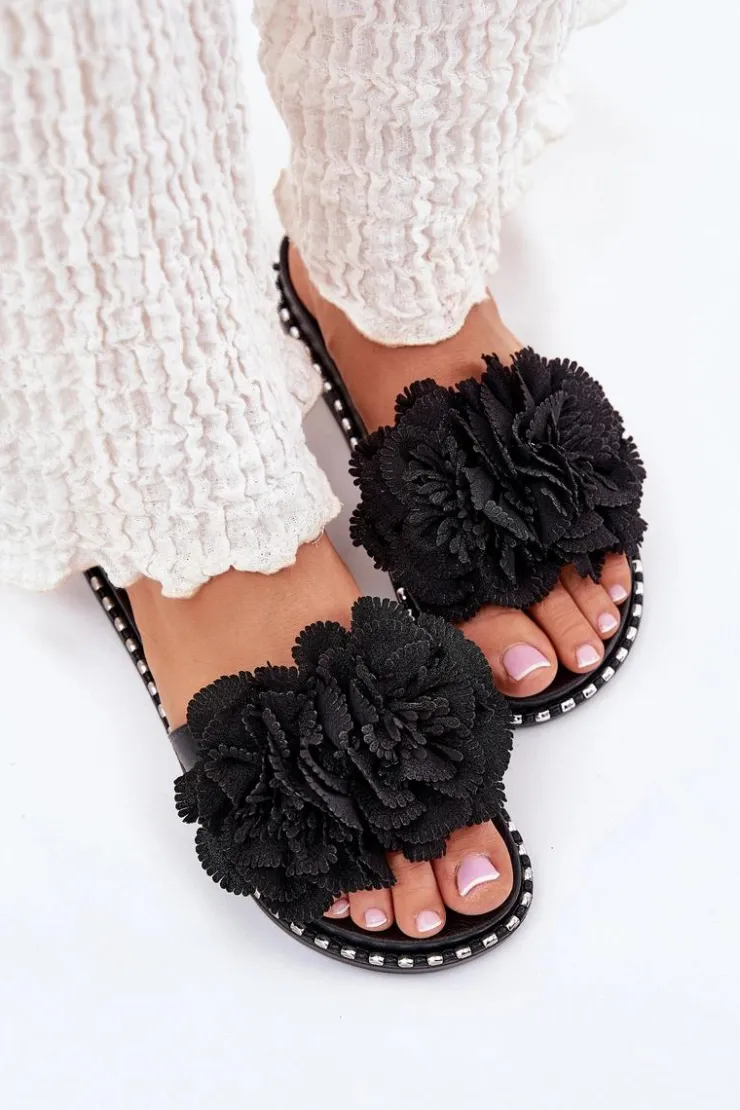 Damskie Boto Klapki Damskie Z Materiałowymi Kwiatami Czarne Elachase