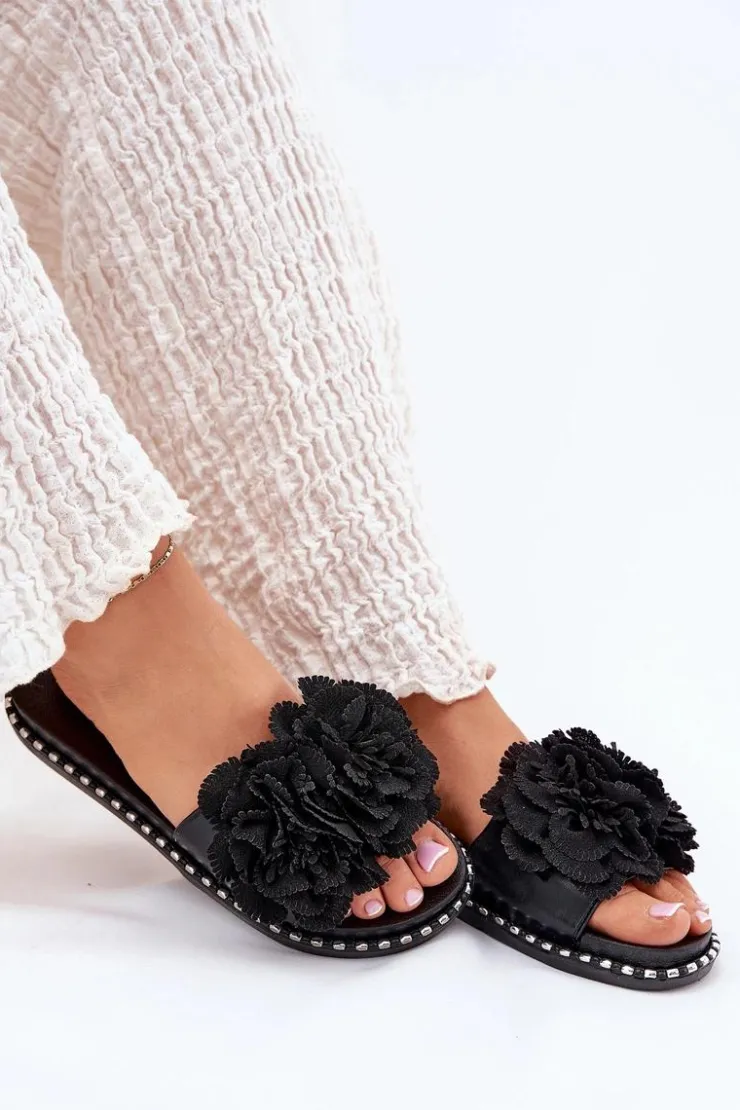 Damskie Boto Klapki Damskie Z Materiałowymi Kwiatami Czarne Elachase